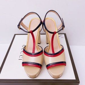 Gucci patent nude blue and red platform heels